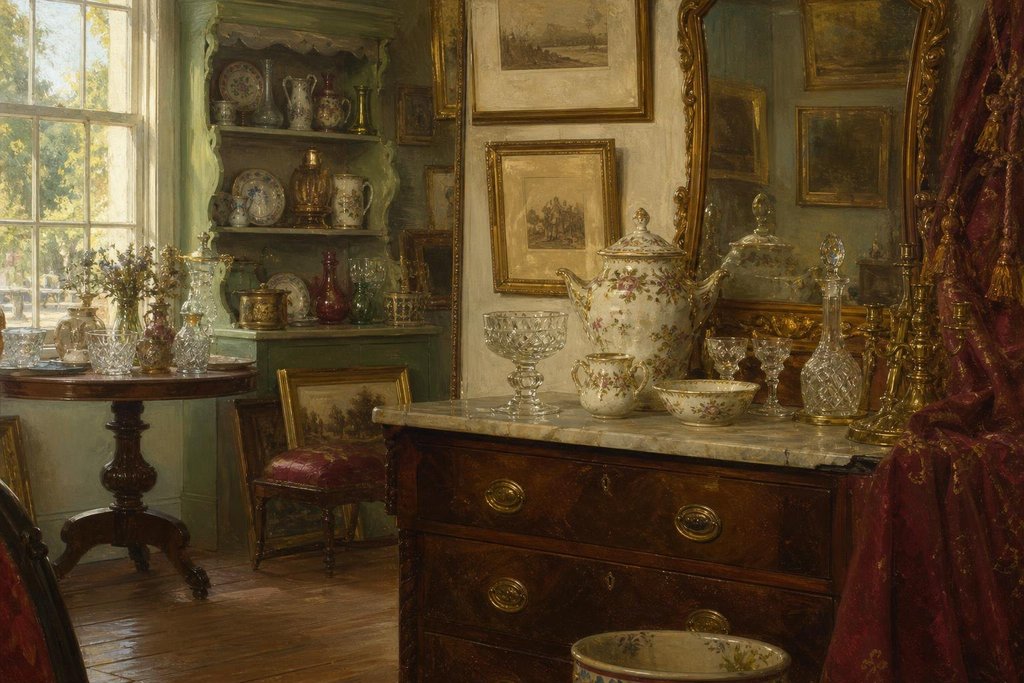 Southern antique shop with heart-pine floors, a marble-top dresser, porcelain, cut glass and framed prints (AI-generated image)