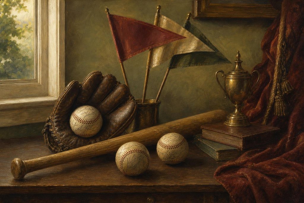 Worn leather baseball glove beside signed baseballs, a wooden bat and plain pennants (AI-generated image)