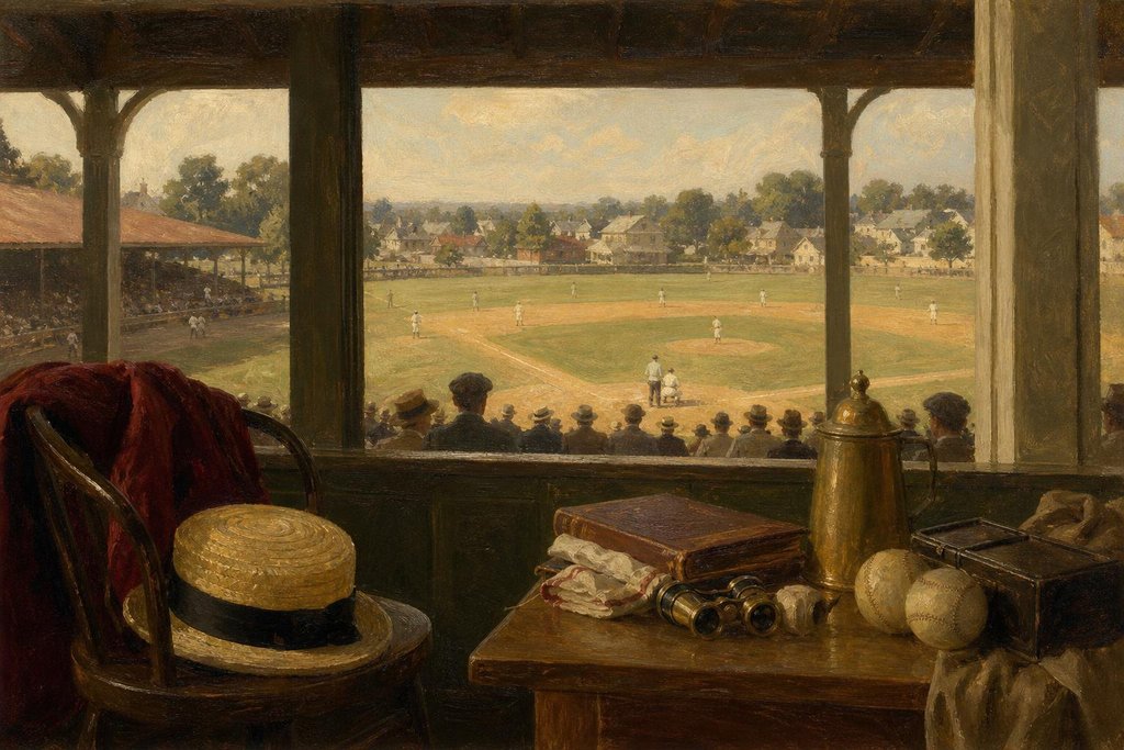 Small-town ballpark grandstand of the 1920s painted from behind home plate (AI-generated image)
