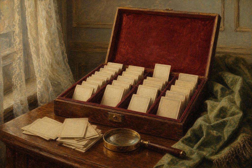 Collector's display case of old tobacco-era baseball cards with a magnifying glass (AI-generated image)