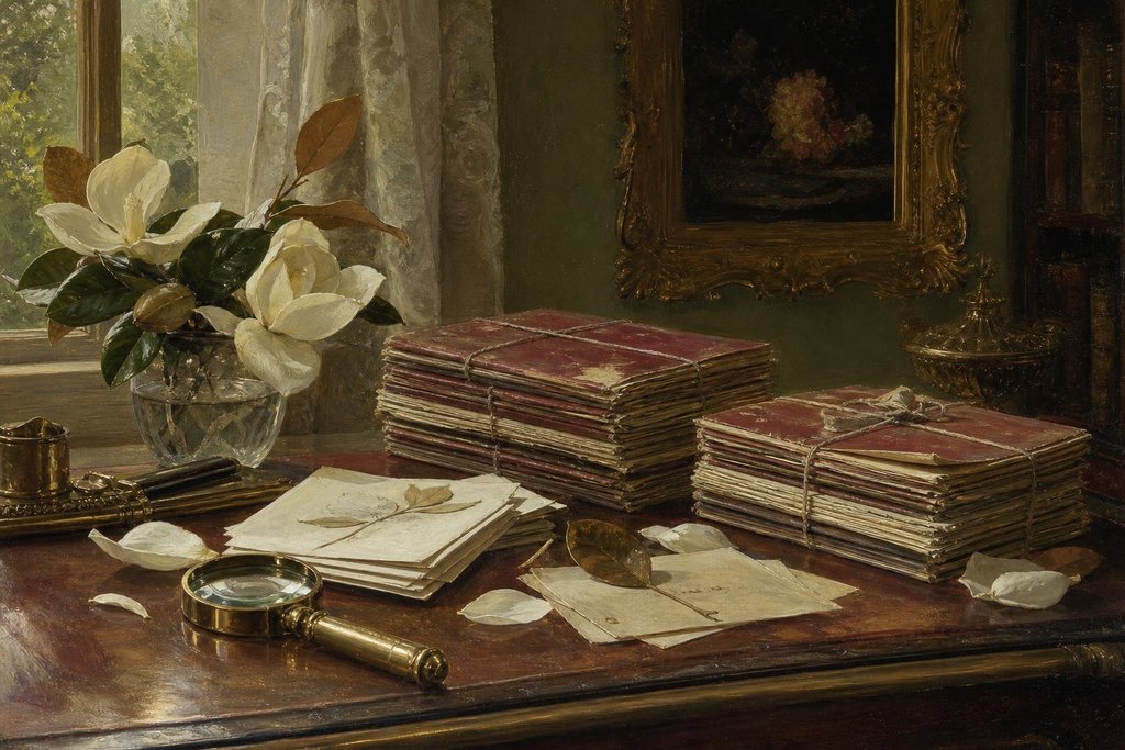 Stacks of bound vintage magazines, a brass magnifier, index cards and pressed magnolia petals on a desk (AI-generated image)