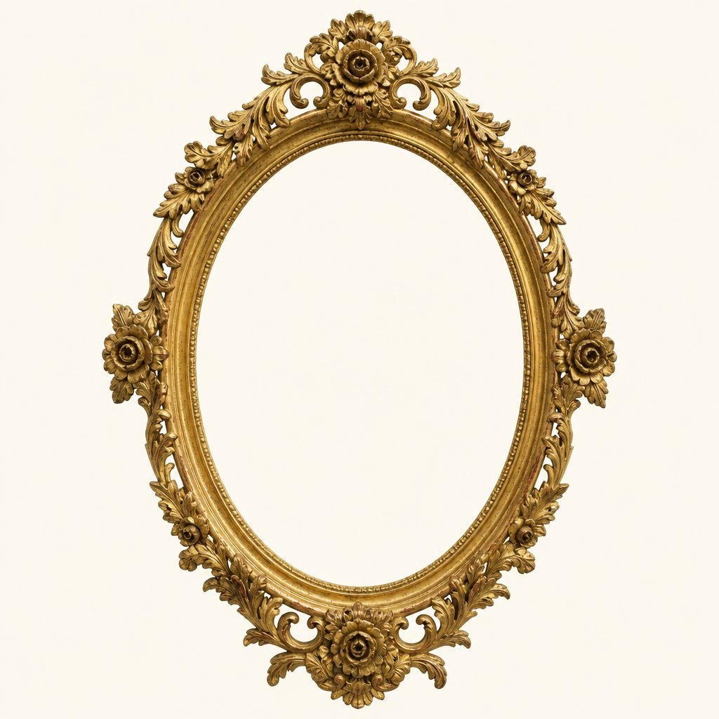 Ornate carved gilt picture frame with scrolled corners and a deep molded edge (AI-generated image)