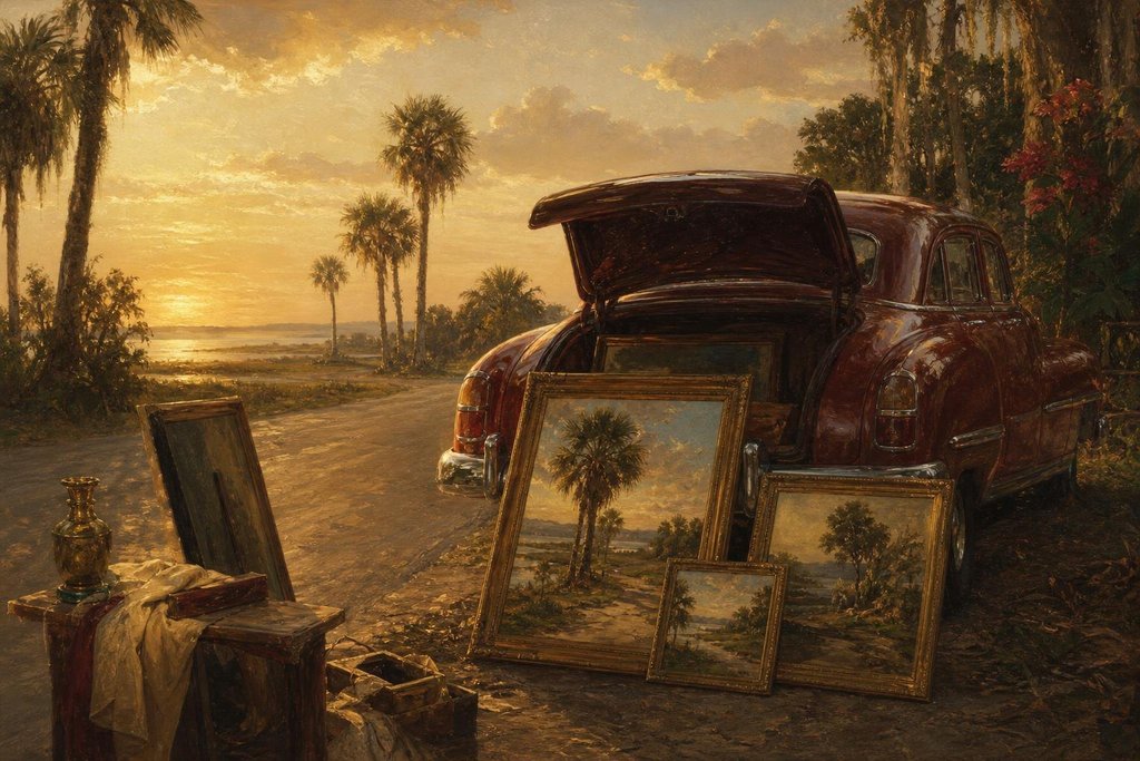 Florida roadside at golden hour with an old car and landscape paintings (AI-generated image)