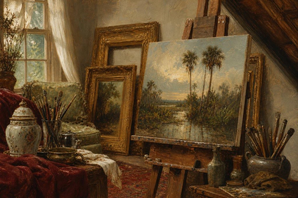 Artist's attic studio with gilt picture frames against a wall and an easel holding a Florida landscape (AI-generated image)