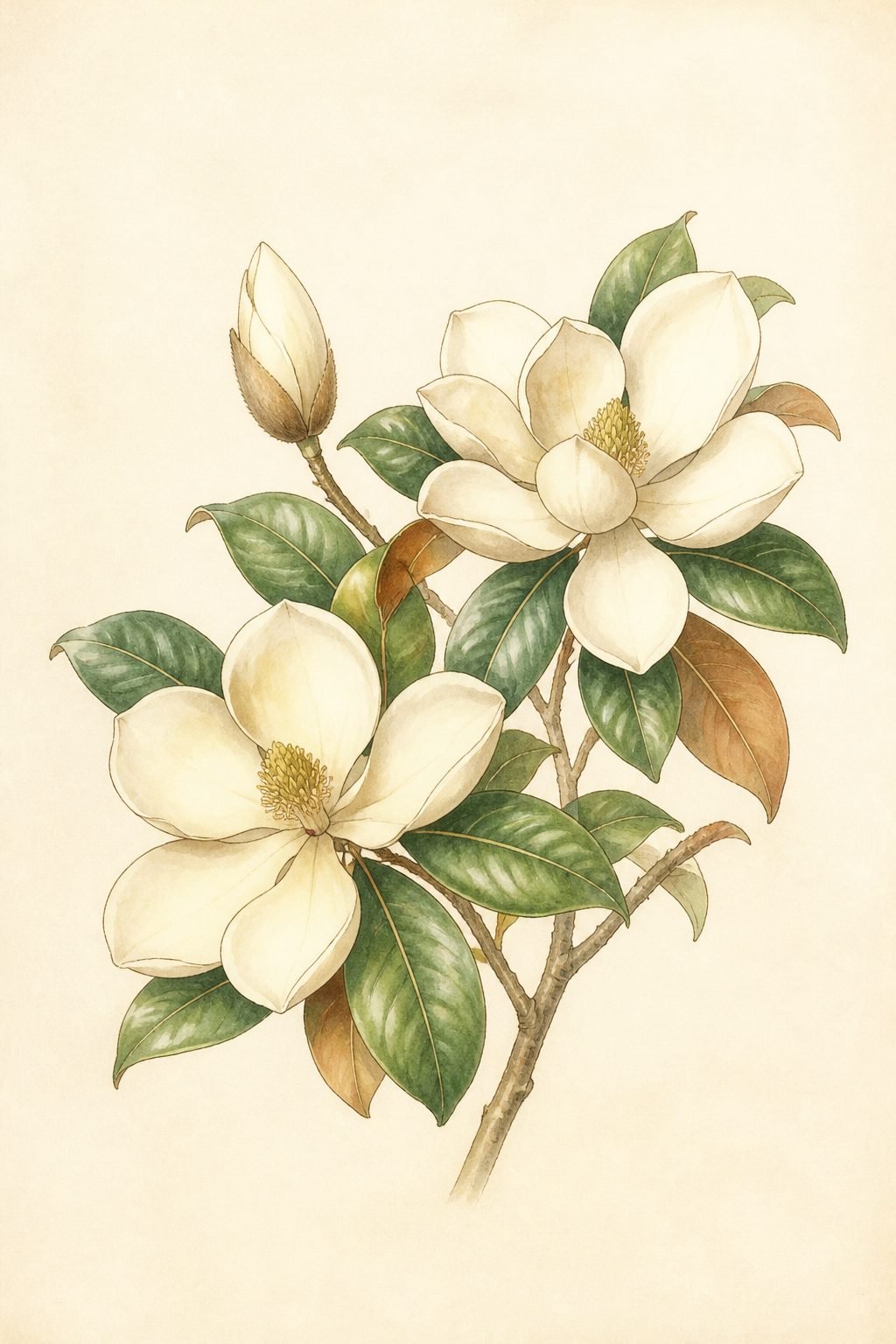 Painting of a white magnolia blossom with glossy dark green leaves against a soft background (AI-generated image)