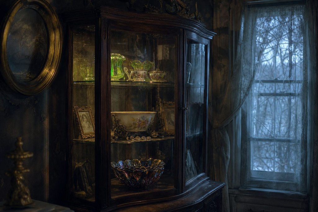 Glass vitrine filled with antique porcelain, glass bottles and small collectibles on display (AI-generated image)