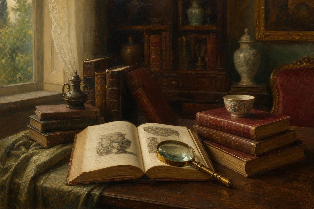 Library reading table with stacks of old leather-bound reference books, a brass magnifying glass and a porcelain cup (AI-generated image)