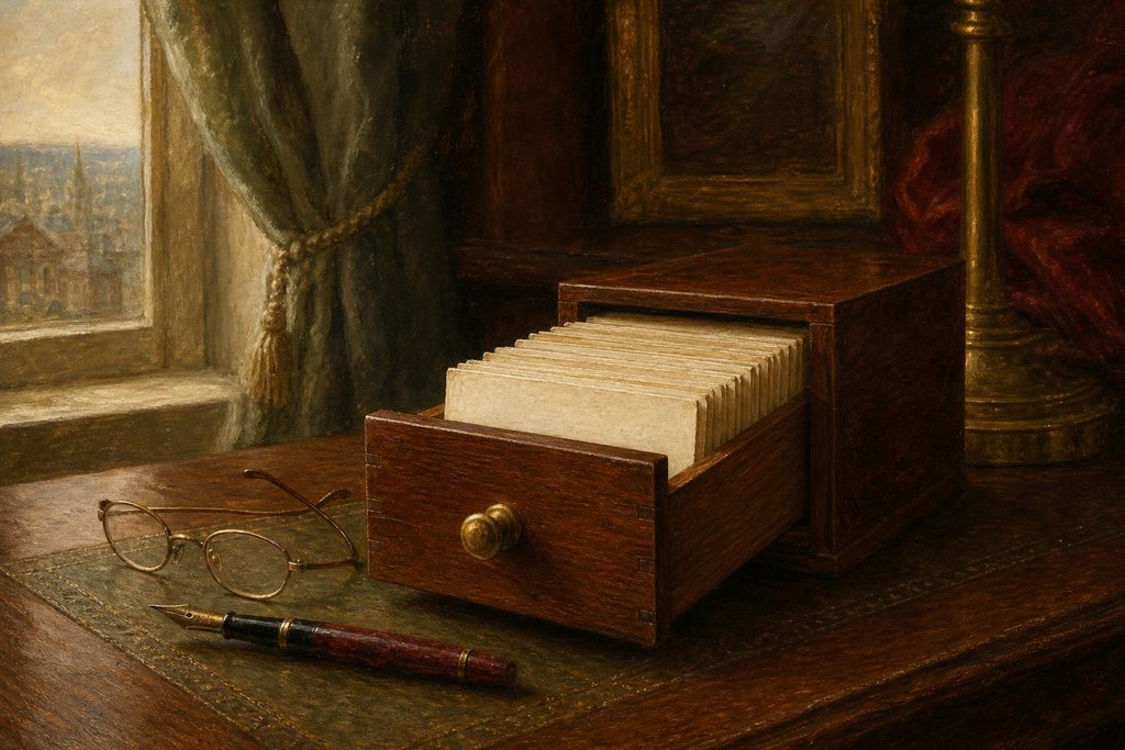 Open wooden card-index drawer full of blank cream index cards beside a fountain pen and reading glasses (AI-generated image)