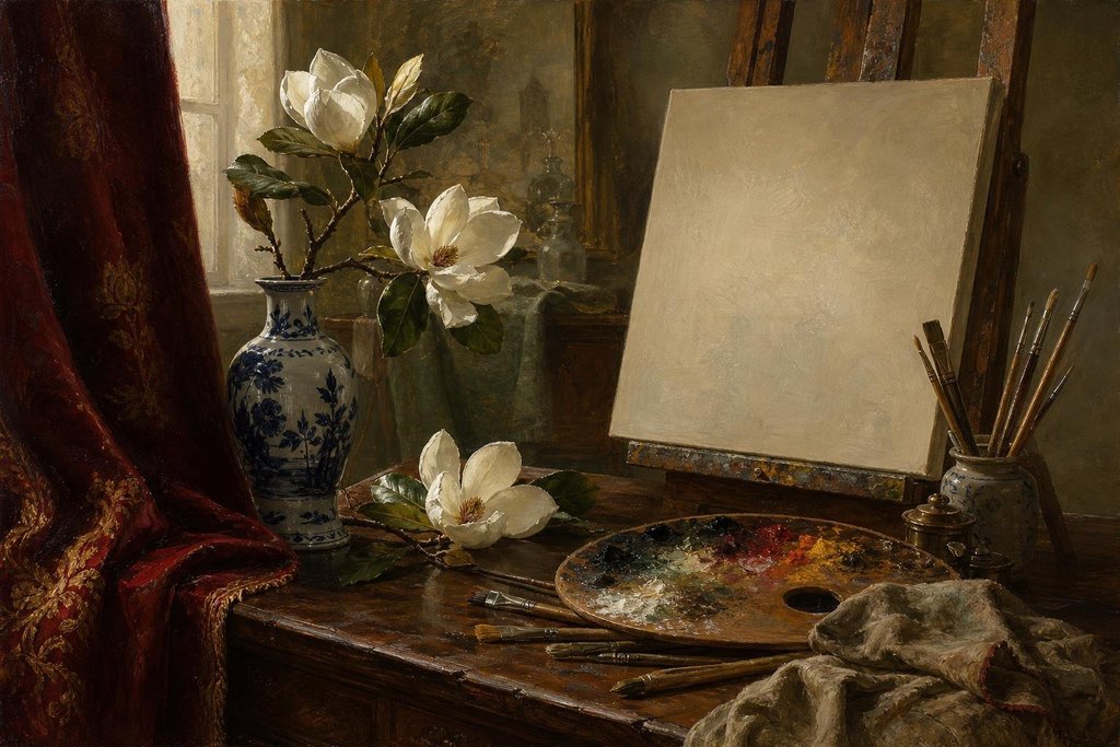 Artist's table with an oil palette, brushes, a blank canvas, a porcelain vase and a magnolia (AI-generated image)