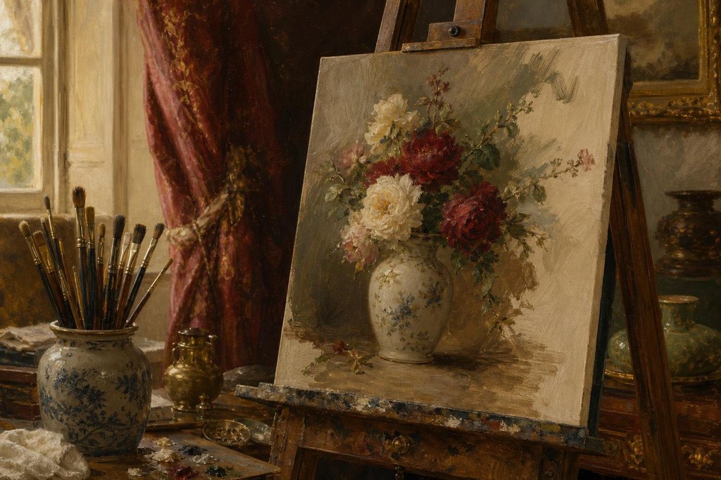 Painter's easel holding an unfinished oil still life of a porcelain vase with flowers beside a jar of brushes (AI-generated image)