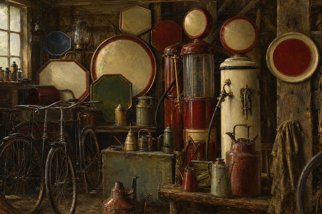 Rural barn crammed with vintage gas pumps, blank enamel signs, old bicycles and oil cans (AI-generated image)