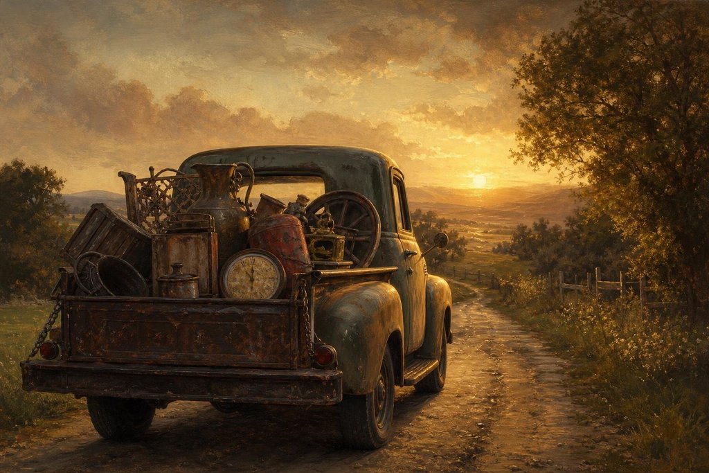 Pickup truck loaded with rusty antique finds on a country road at golden hour (AI-generated image)