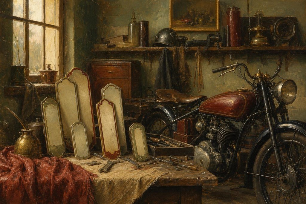 Cluttered workshop with a vintage motorcycle, blank tin thermometers and old hand tools (AI-generated image)