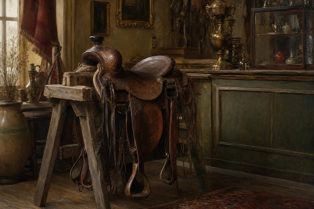 Old leather saddle on a sawhorse in a dim antique shop (AI-generated image)