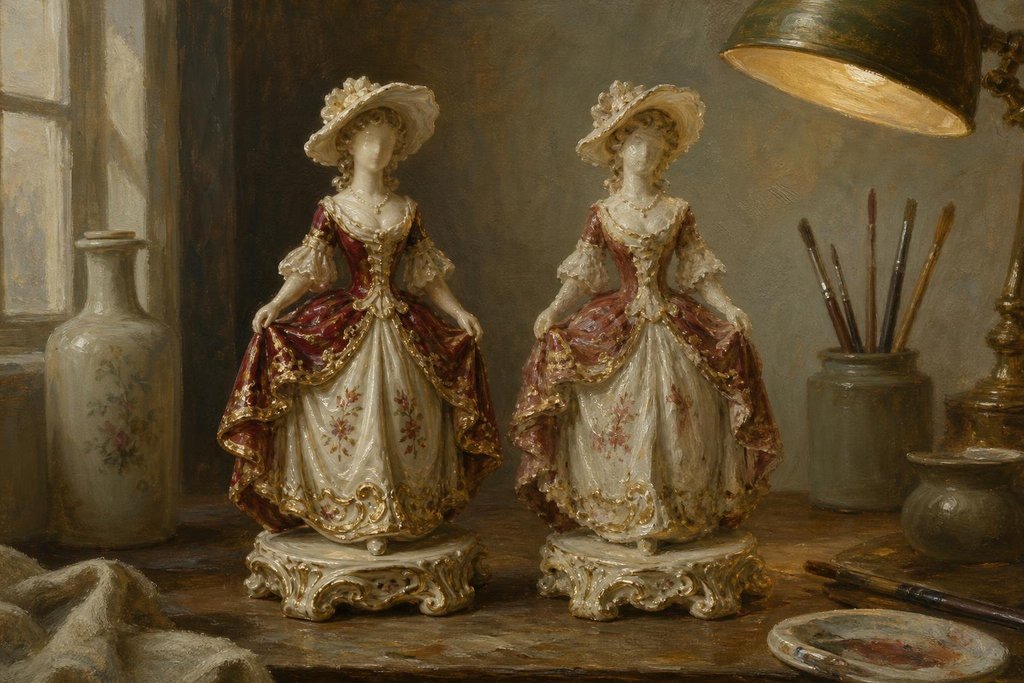 Two near-identical porcelain figurines side by side on a workbench under raking lamplight, one cruder (AI-generated image)