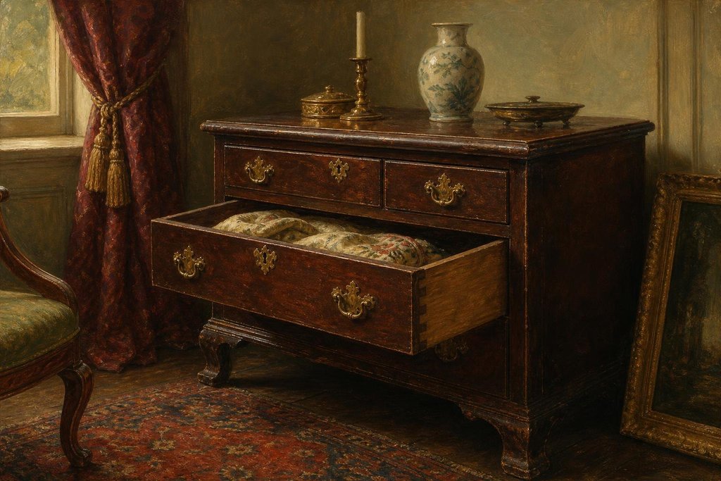 Georgian mahogany lowboy with brass handles and an open drawer showing dovetails (AI-generated image)
