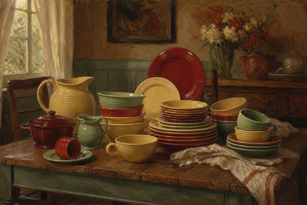 Stacks of brightly colored Art Deco style dinnerware on a wooden farmhouse kitchen table (AI-generated image)