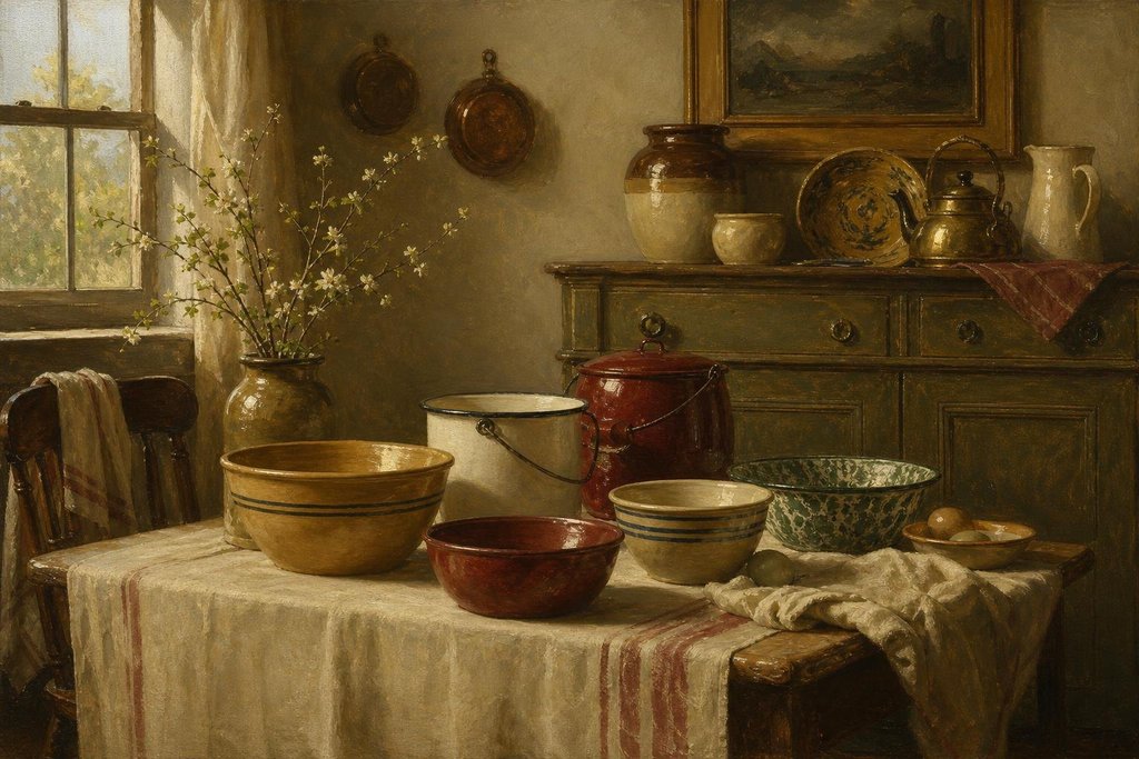 Pottery bowls and enamel ware arranged on a rustic ranch-style wooden sideboard (AI-generated image)