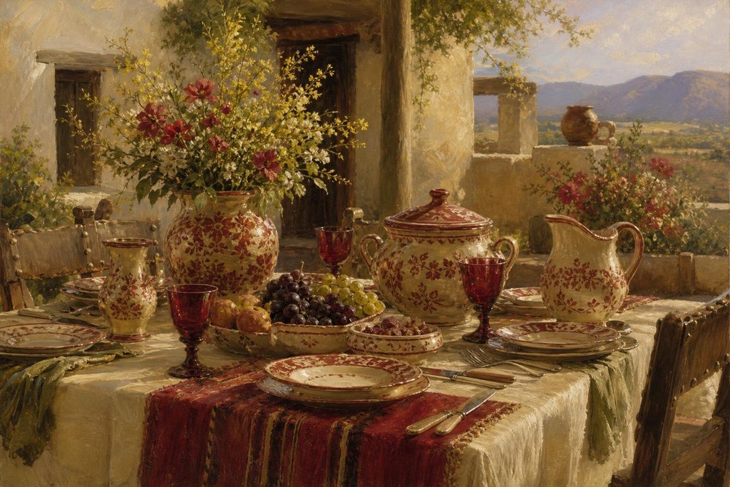 Outdoor wooden dining table set with bright vintage pottery plates and bowls (AI-generated image)