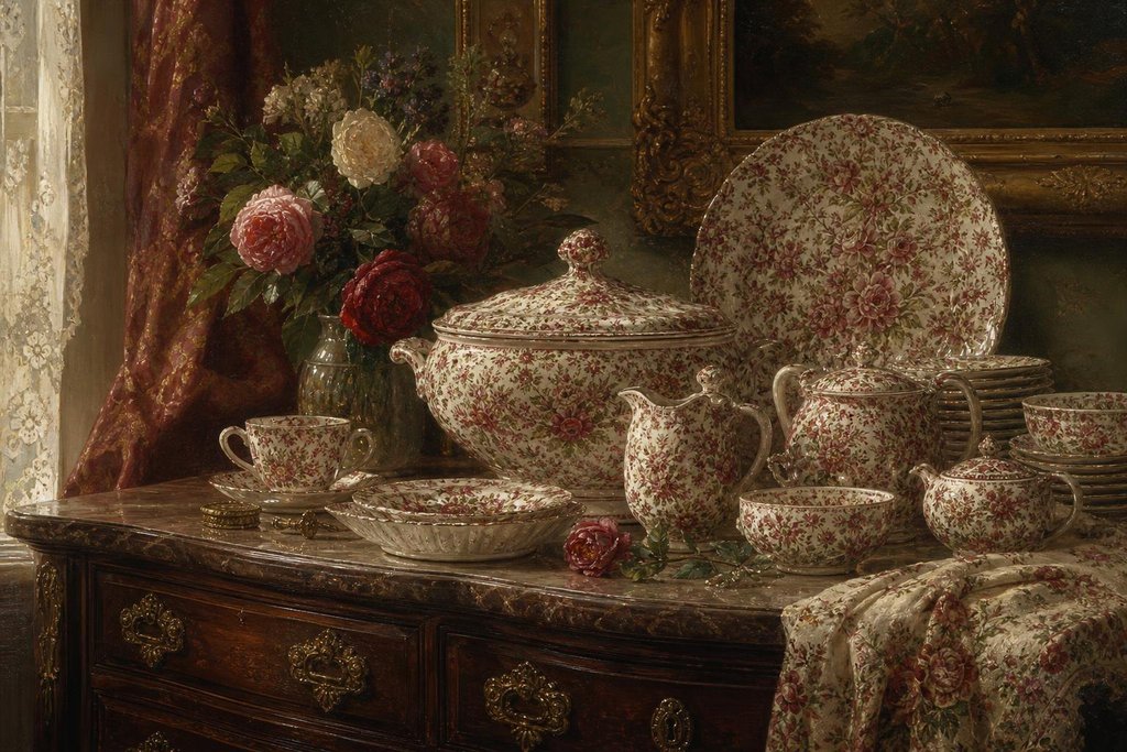 English chintz china covered in dense all-over floral transfer patterns displayed on a wooden dresser (AI-generated image)