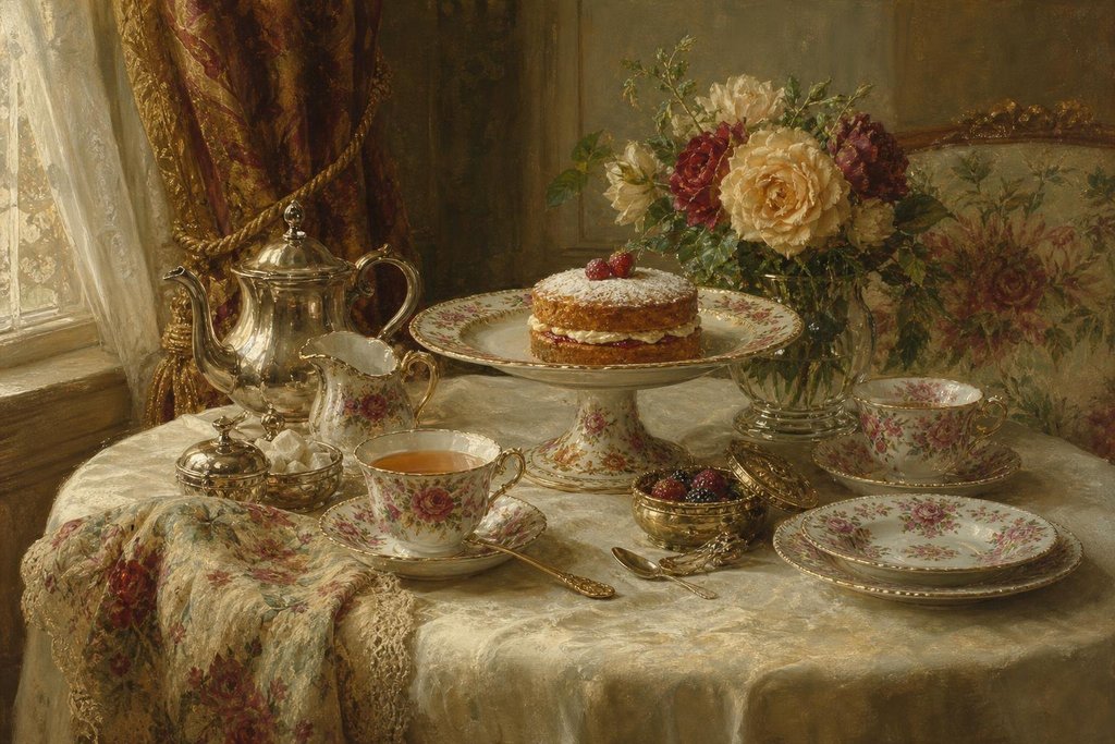 A table set for afternoon tea with floral chintz cups, saucers and a cake plate (AI-generated image)