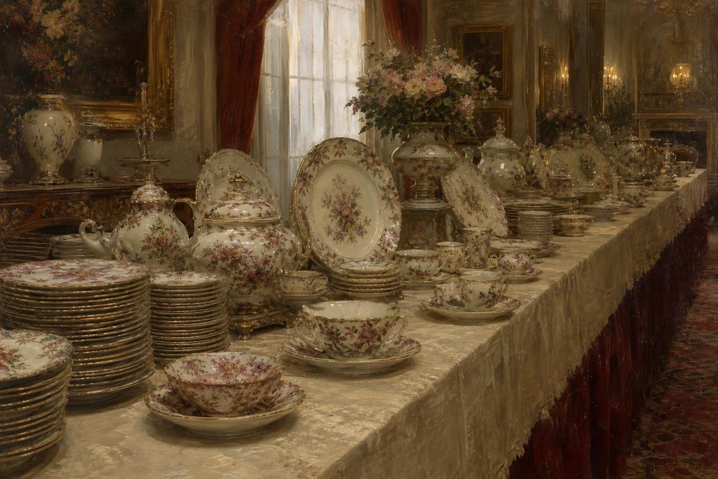 Convention table covered with floral chintz plates, teapots and cups (AI-generated image)