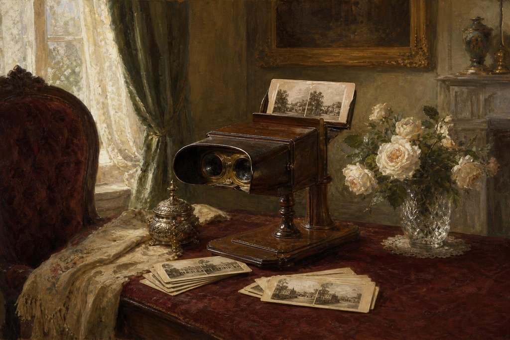 A Victorian wooden stereopticon viewer with a stack of stereo view cards on a parlor table (AI-generated image)