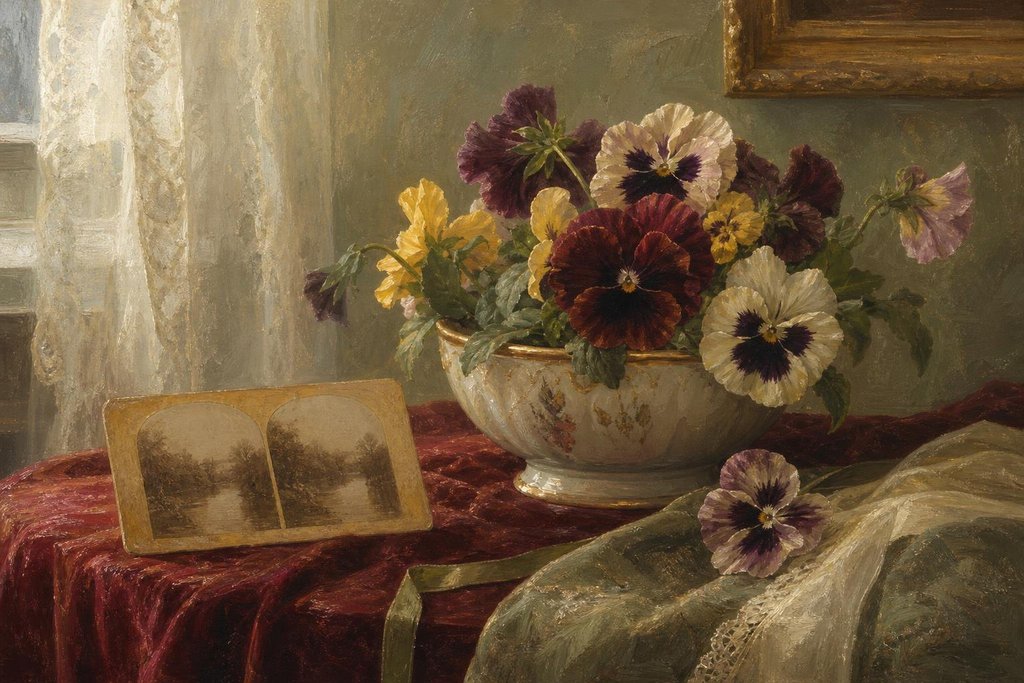 A stereoview card showing a bowl of pansies beside an old hand-tinted photograph (AI-generated image)