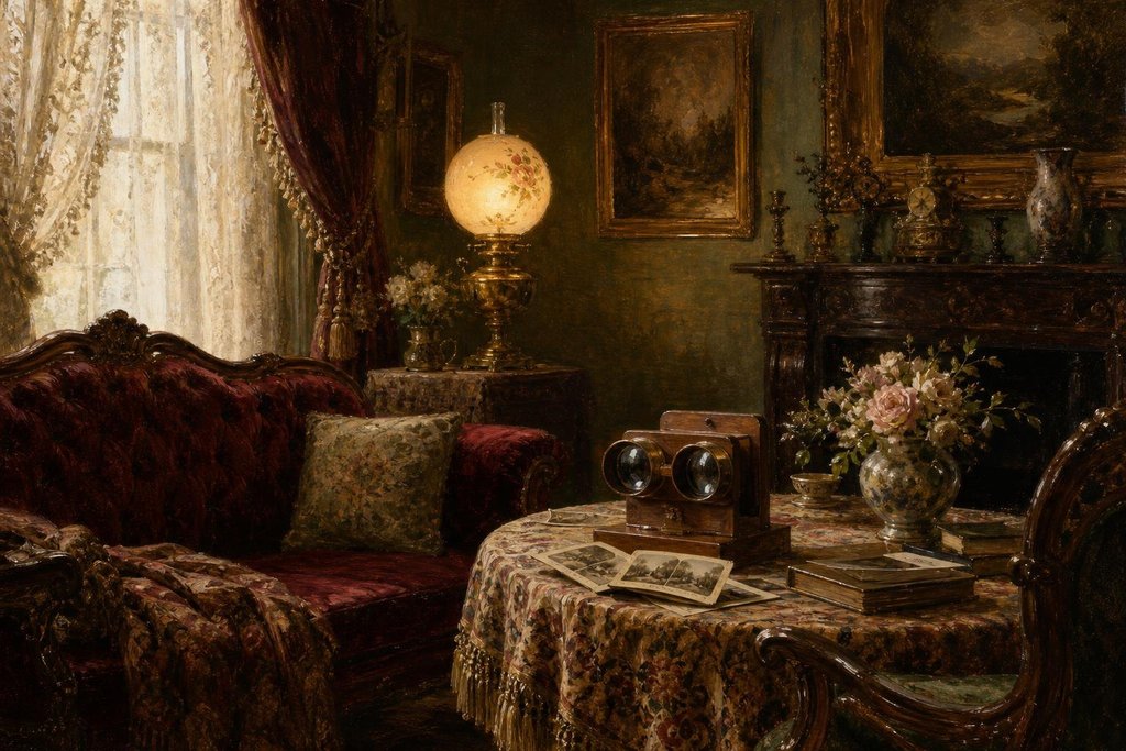 Victorian parlor in lamplight with a velvet sofa and a wooden stereo viewer (AI-generated image)