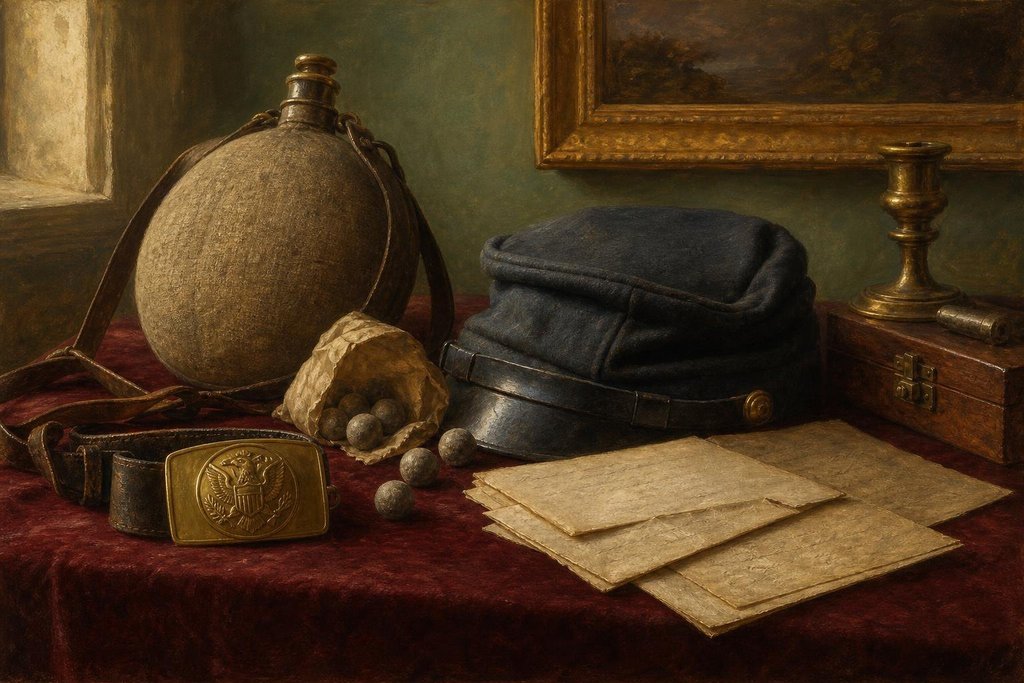 Display table of Civil War era relics with a brass belt buckle, canteen, minie balls, wool kepi and faded letters (AI-generated image)