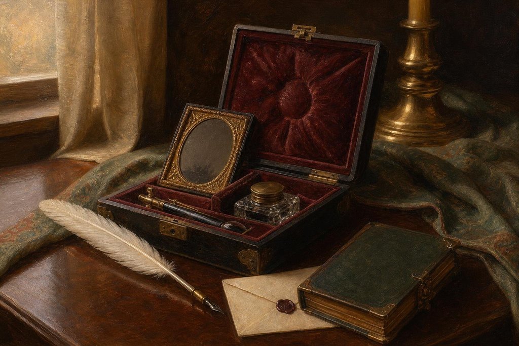Nineteenth-century writing case with a tintype in a velvet-lined case, quill pen, stamped envelope and pocket diary (AI-generated image)