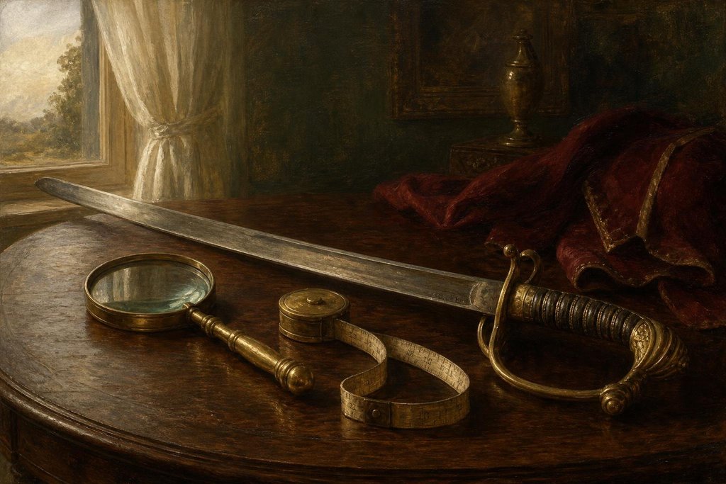Civil War era cavalry sword with a brass hilt beside a magnifying glass and tape (AI-generated image)