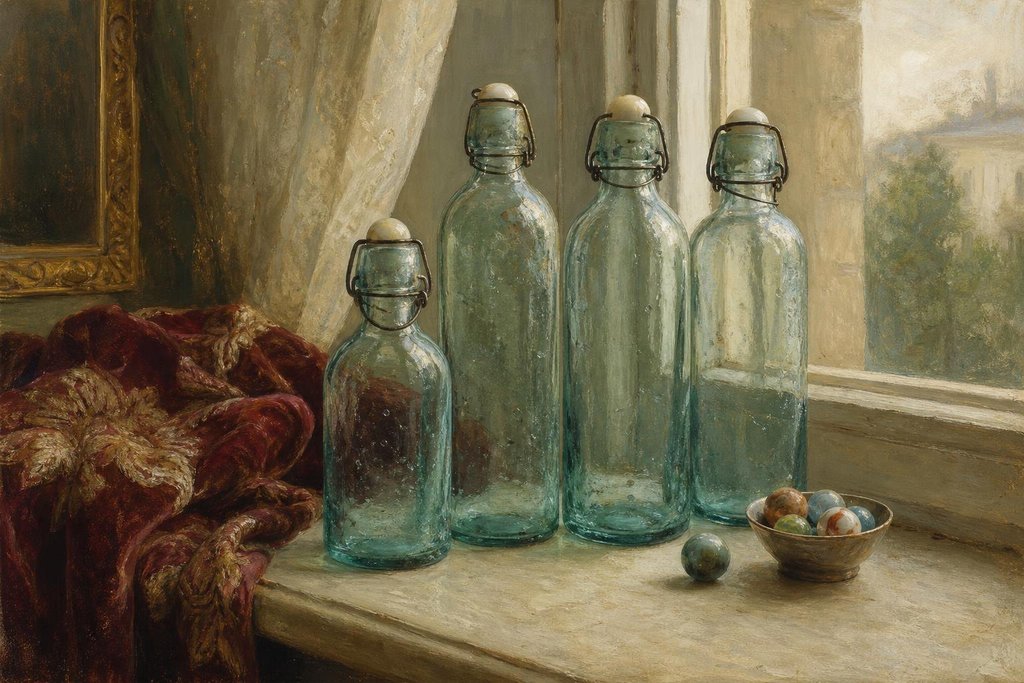 Aqua glass Codd-neck soda bottles with glass marble stoppers standing on a sunny windowsill (AI-generated image)