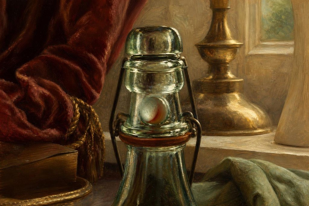 Close view of a Codd bottle neck with its glass marble resting in the pinched chamber (AI-generated image)