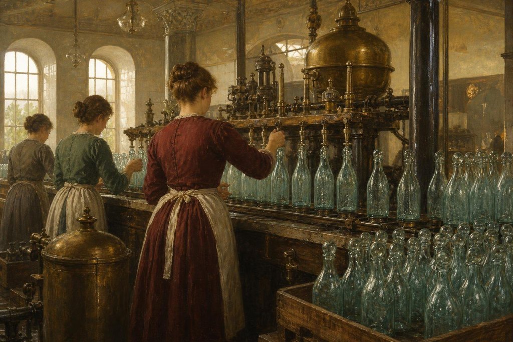 Victorian English soda water factory with rows of aqua glass marble bottles (AI-generated image)