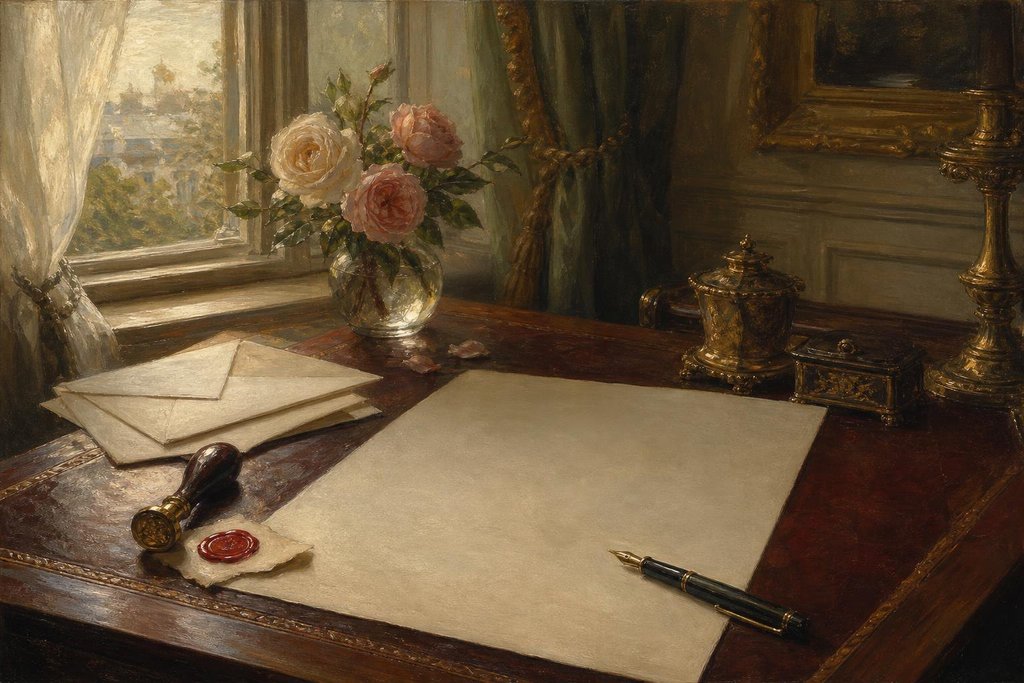 Writing desk by a window with blank envelopes, letter paper, a fountain pen and a red wax seal (AI-generated image)