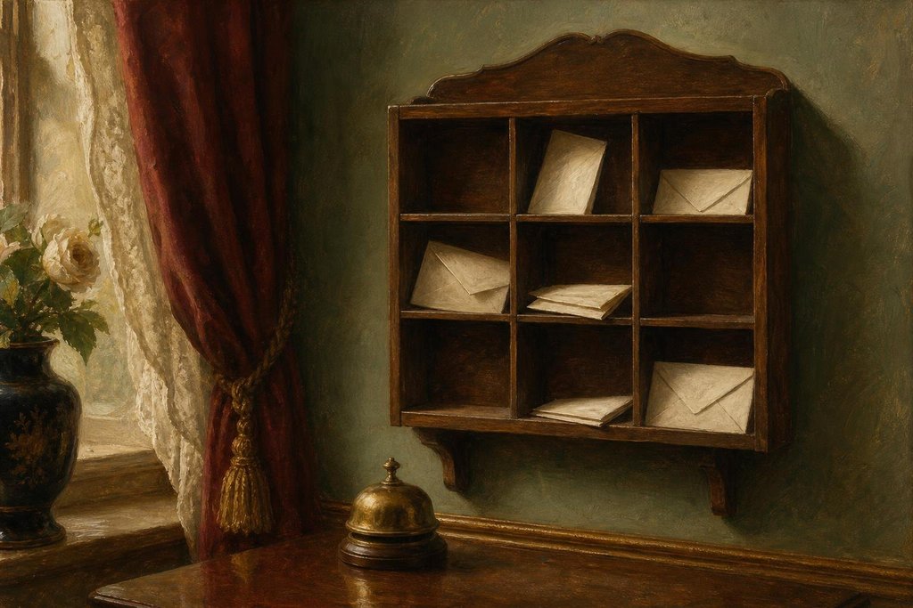 Wooden pigeonhole letter rack on a wall holding blank envelopes and folded letters above a brass desk bell (AI-generated image)