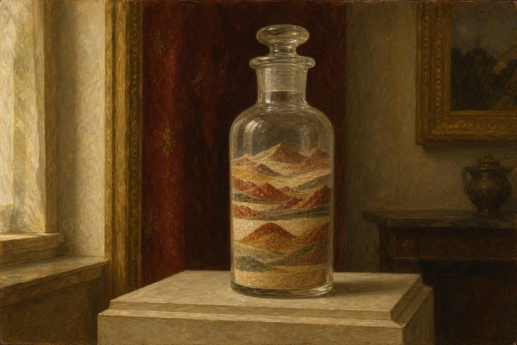 An antique glass bottle filled with layered colored sand forming a landscape, displayed on a plinth (AI-generated image)