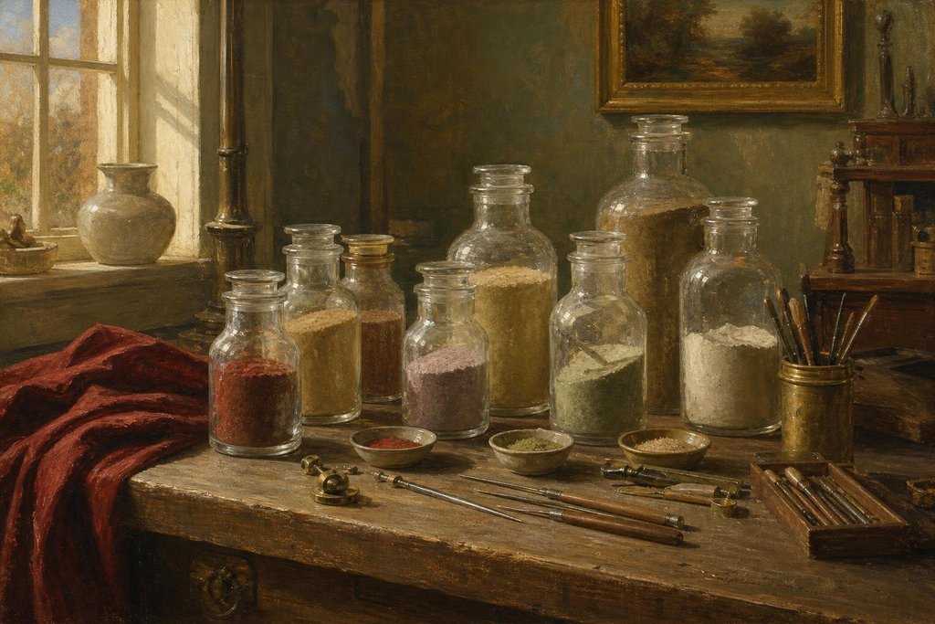 Jars of naturally colored sand and fine hand tools laid out on an old wooden workbench (AI-generated image)