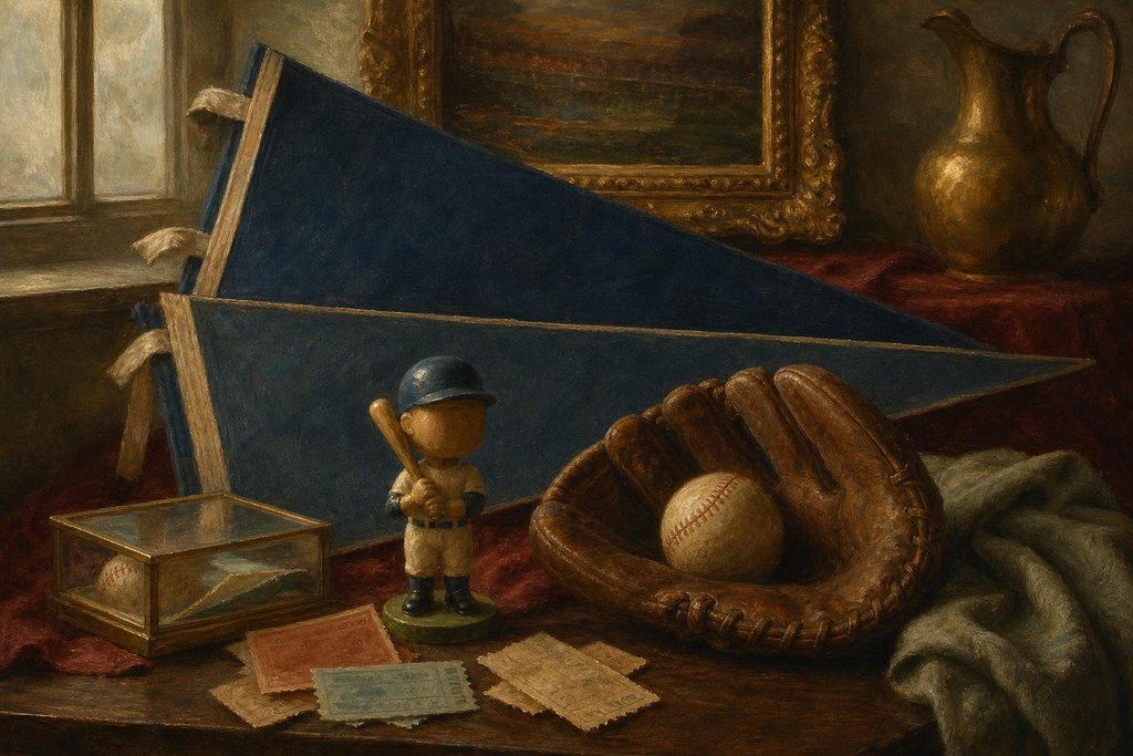 Blue pennants without lettering, a bobblehead, ticket stubs and a baseball glove from 1960s Los Angeles (AI-generated image)
