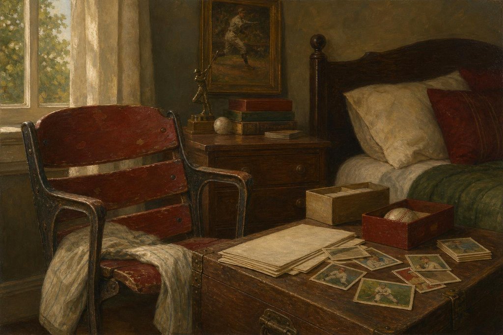 A vintage stadium seat beside scorecards and baseball cards in a boy's bedroom (AI-generated image)
