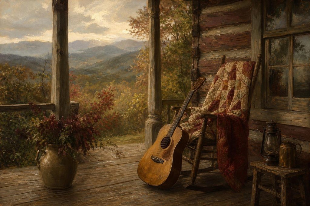 A rustic Tennessee mountain cabin porch with an acoustic guitar and a folded quilt (AI-generated image)