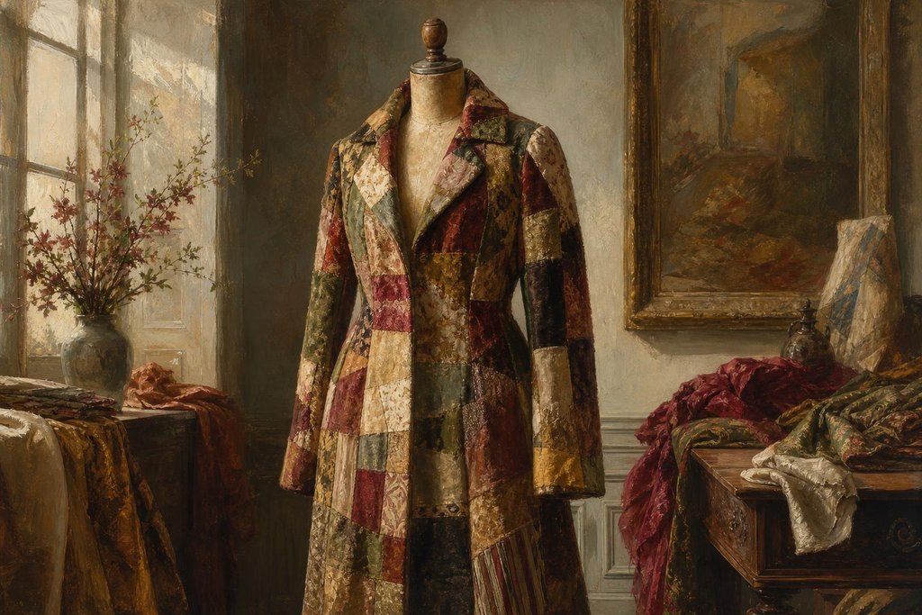 A patchwork coat sewn from many colored fabric scraps displayed on a dress form (AI-generated image)