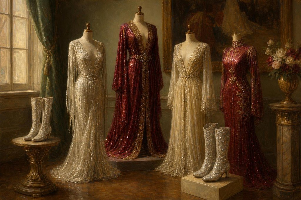 Sequined stage gowns and rhinestone boots arranged in a softly lit museum display (AI-generated image)