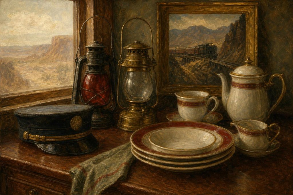 Railroad lanterns, dining car china and a conductor's cap from the Santa Fe era arranged together (AI-generated image)