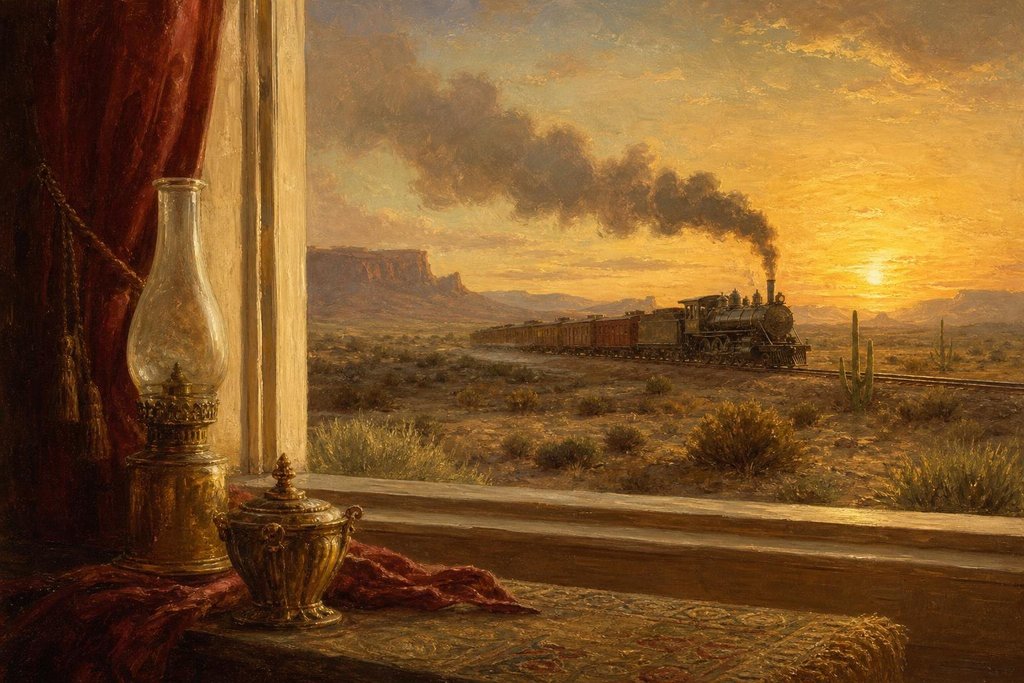 A steam locomotive pulling cars across the New Mexico desert at sunset (AI-generated image)