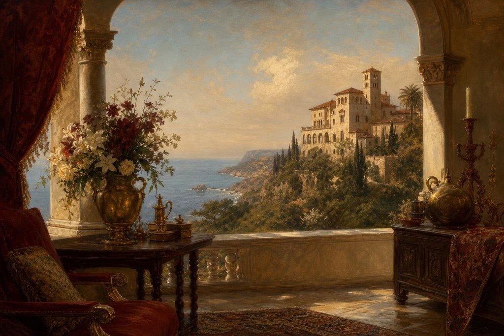 A white Mediterranean Revival castle with twin towers on a green hilltop above the Pacific (AI-generated image)