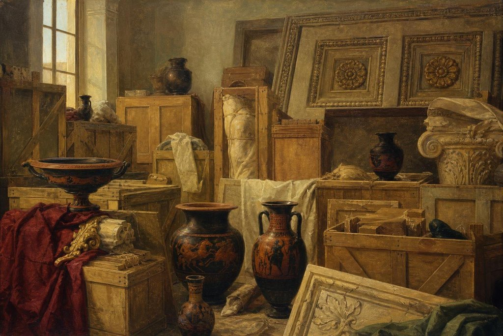 A storeroom stacked with wooden crates, ancient Greek vases and carved ceiling panels (AI-generated image)