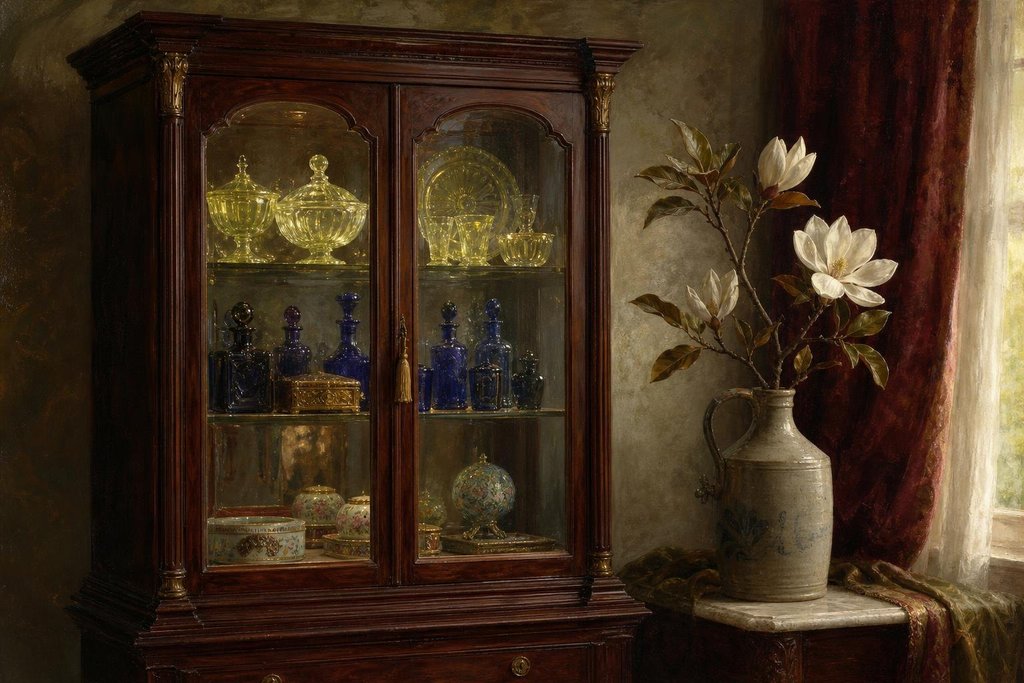 Mahogany collector's cabinet with glass doors holding yellow glass, cobalt bottles, porcelain boxes and a stoneware jug (AI-generated image)