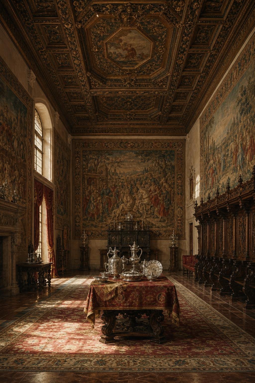 Vast great hall with Flemish tapestries, carved choir stalls, Renaissance silver and an antique Spanish ceiling (AI-generated image)